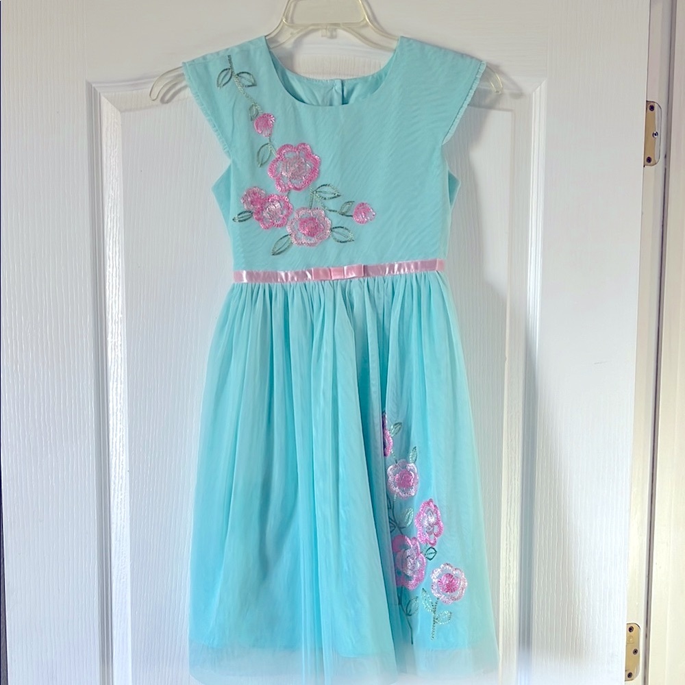 Aqua Dress with Pink Floral Embroidery for formal occasions flower girl
